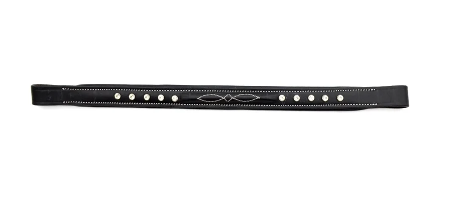 Black Leather Browband with Clear Crystals and Fancy Stitching