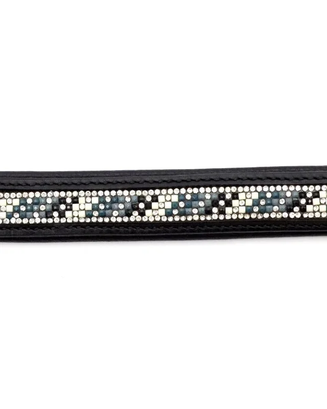 Black Leather Browband with Rhinestones on White Turquoise and Black Banding