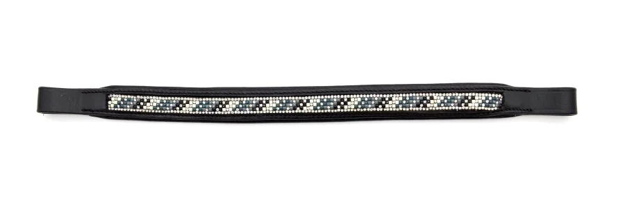 Black Leather Browband with Rhinestones on White Turquoise and Black Banding
