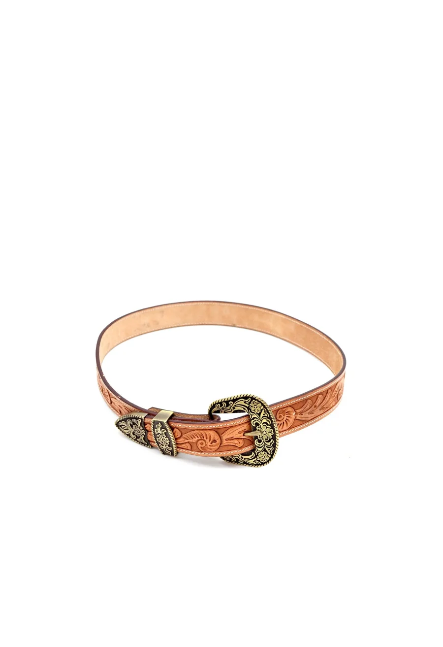Hand Tooled Leather Belt with Western Buckle and Tip
