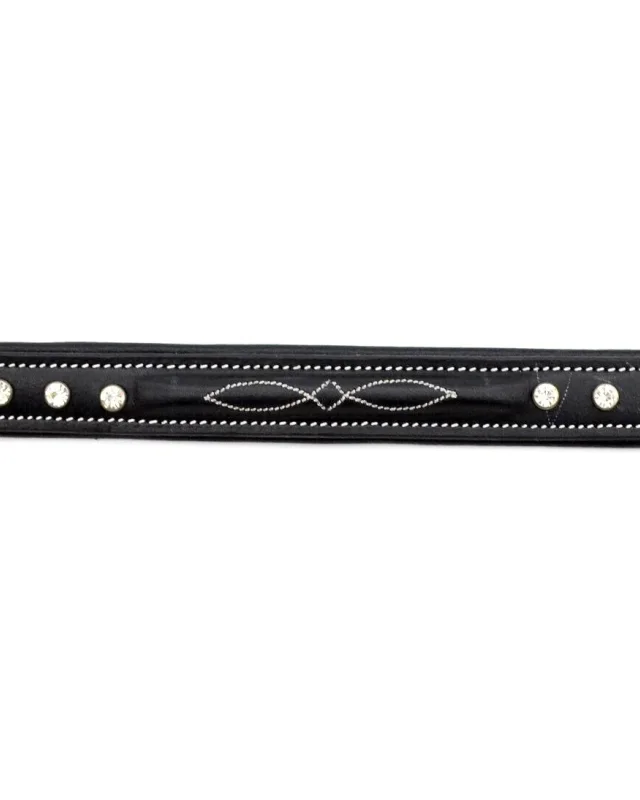 Black Leather Browband with Clear Crystals and Fancy Stitching