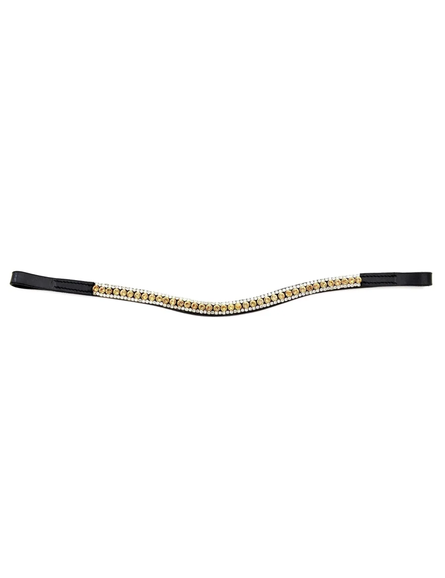 Black Leather Browband with Clear and Gold Crystals