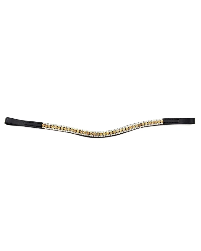 Black Leather Browband with Clear and Gold Crystals